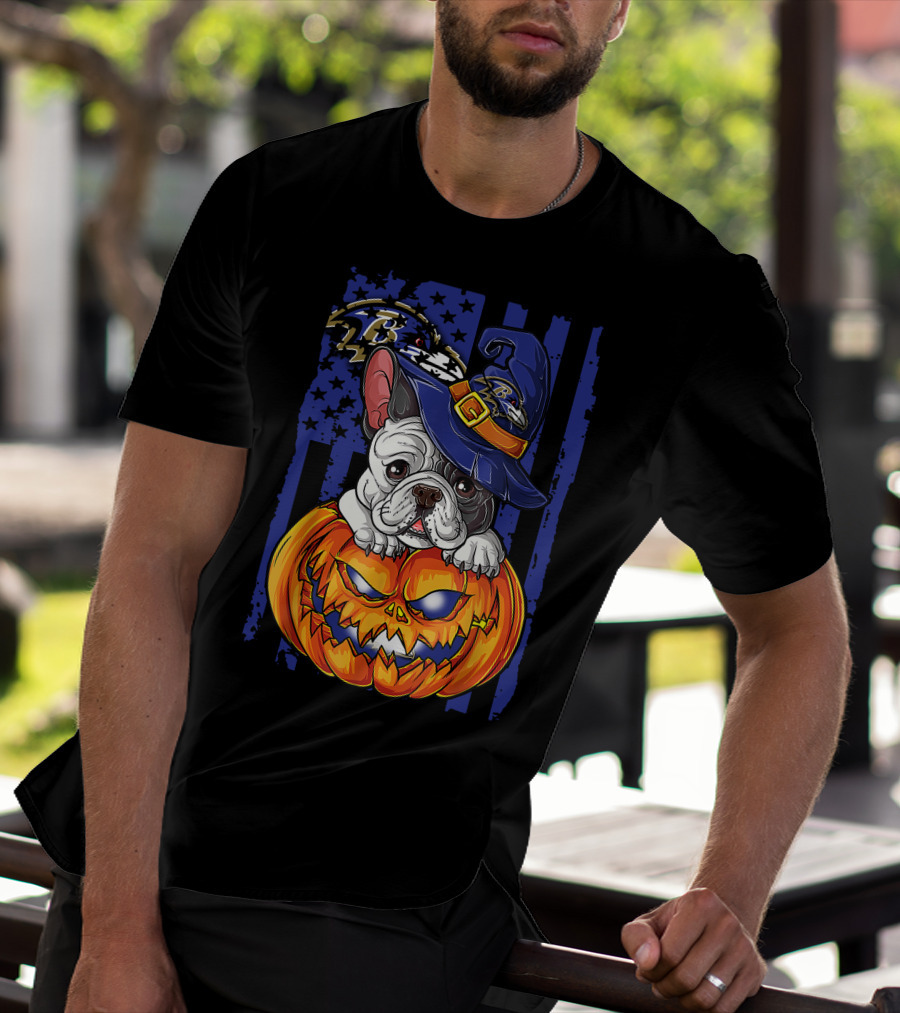 Bulldog Halloween Pumpkin Baltimore Ravens Wizard Hat T-Shirt