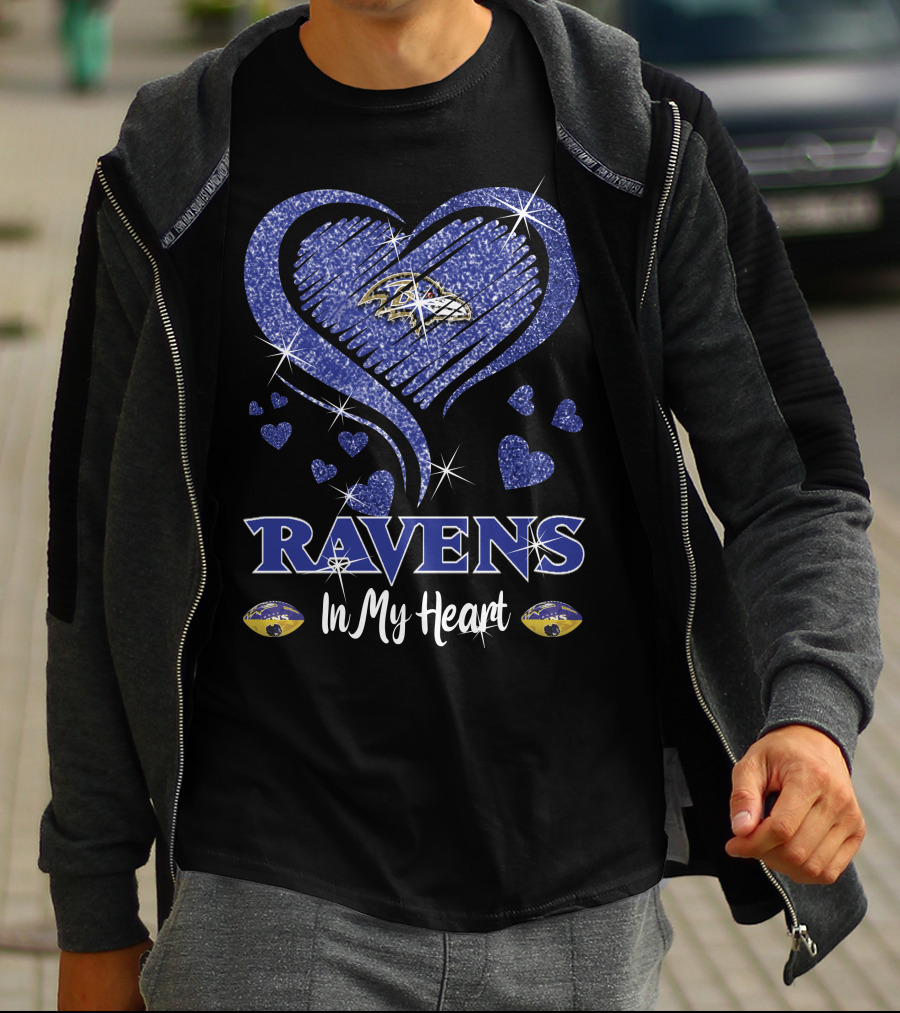 Ravens In My Heart Baltimore Ravens Heart Logo With Sparkling Effect T-Shirt