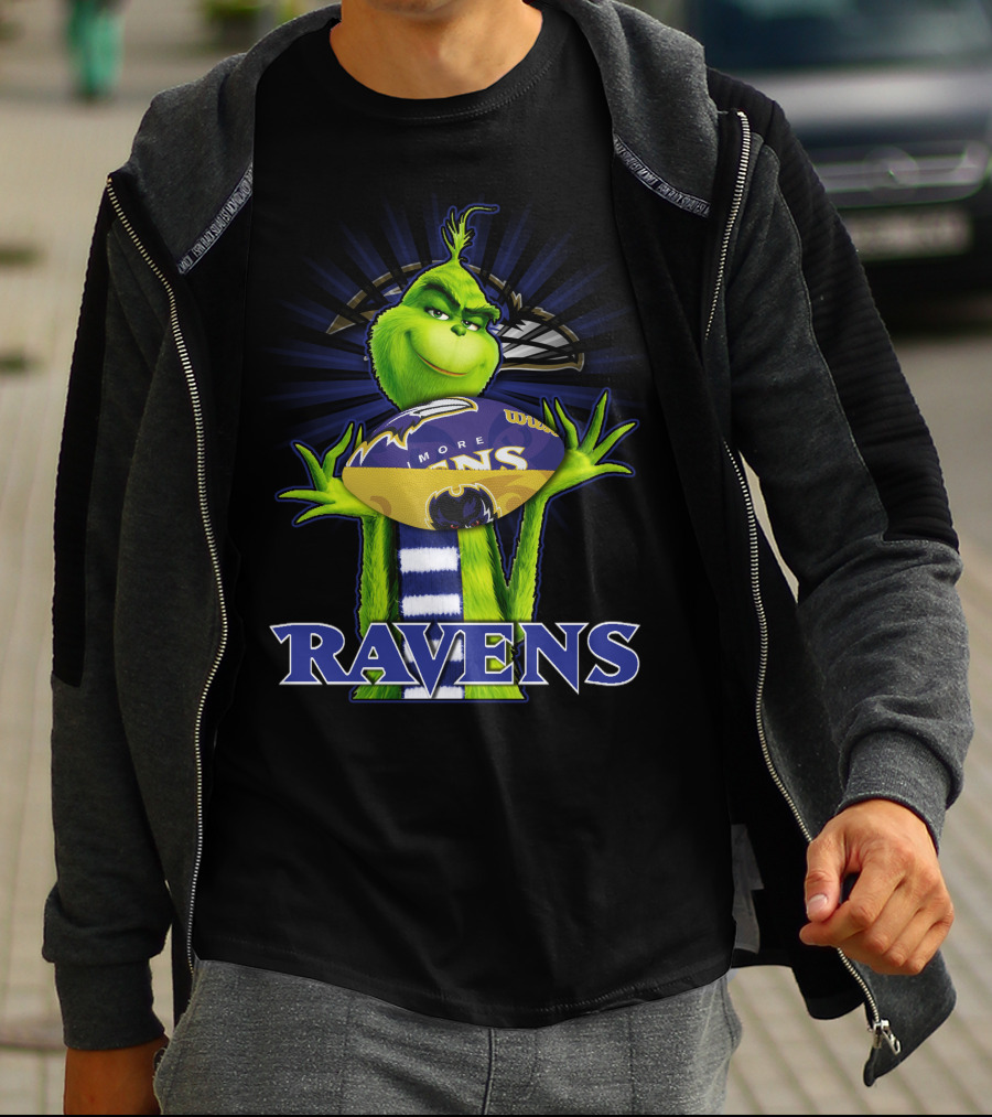 Grinch Holding Baltimore Ravens Football With Ravens Text T-Shirt
