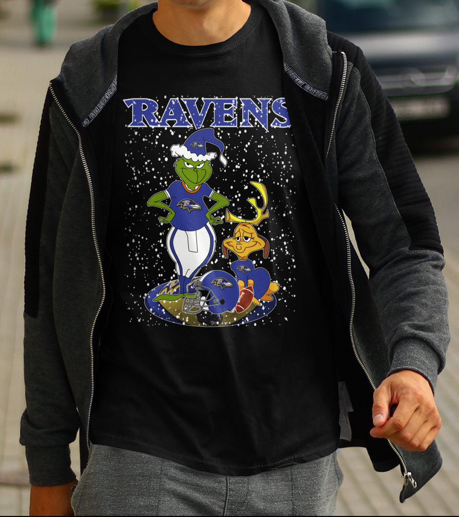 Grinchxmas Ravens Baltimore Football Holiday Scene T-Shirt