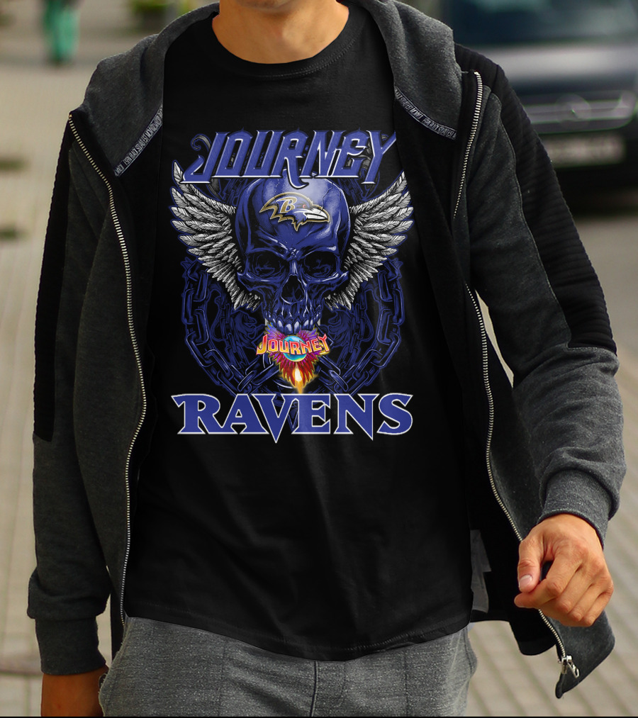 Journey Baltimore Ravens Skull Wings Logo Flames T-Shirt
