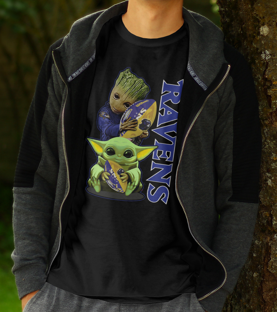 Grzd Baltimore Ravens Baby Yoda And Groot Ravens Football T-Shirt