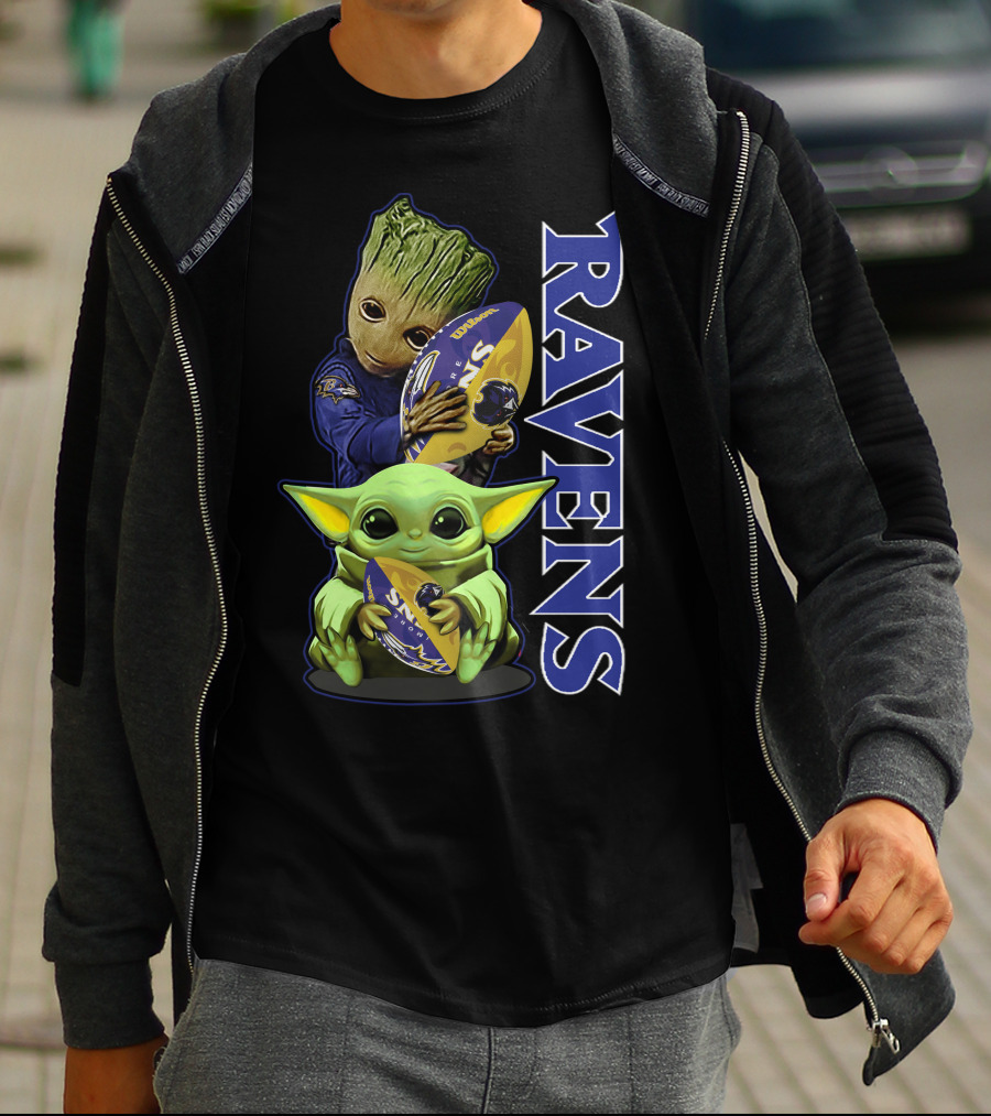 Grzd Baltimore Ravens Baby Yoda And Groot Ravens Football T-Shirt