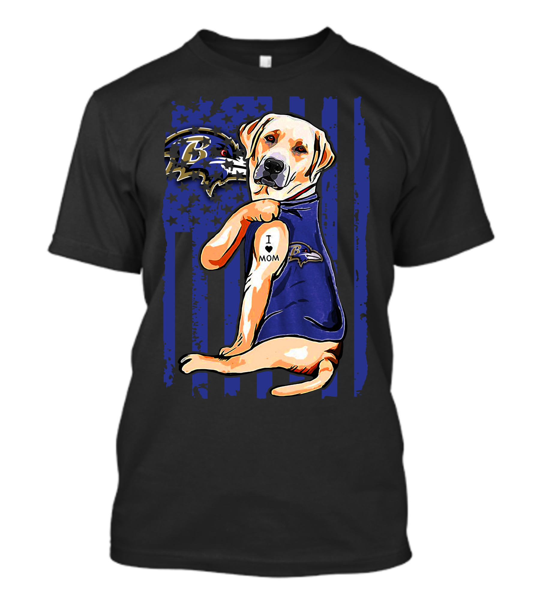 Labrador Retriever In Baltimore Ravens Jersey With I Love Mom Tattoo T-Shirt