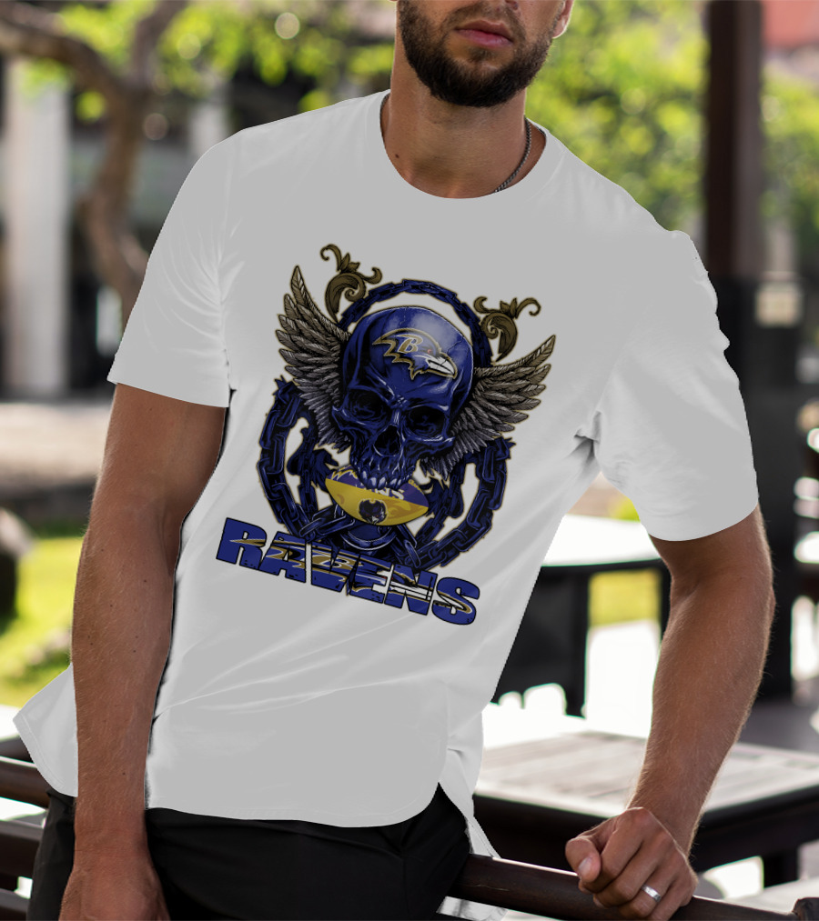 Baltimore Ravens Skullfb Winged Skull Chain T-Shirt