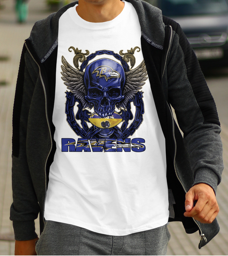 Baltimore Ravens Skullfb Winged Skull Chain T-Shirt