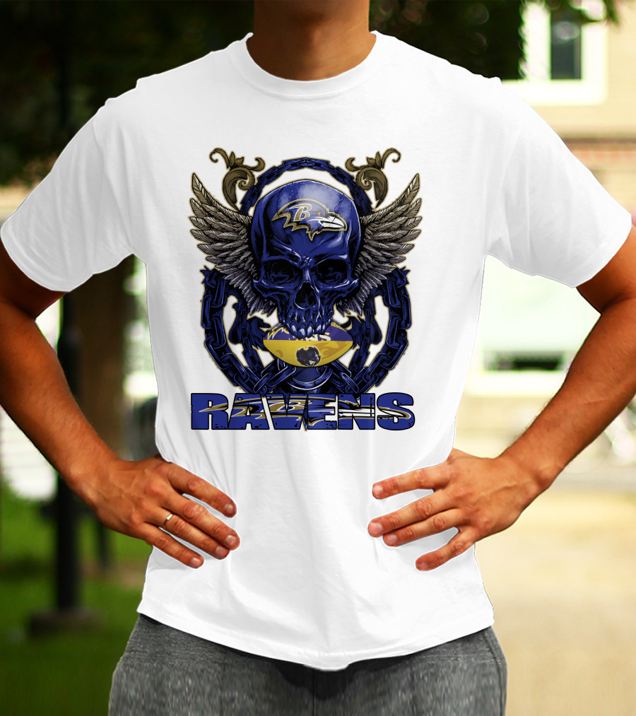 Baltimore Ravens Skullfb Winged Skull Chain T-Shirt