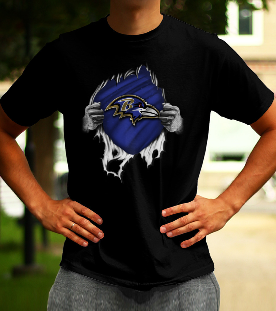 Torn Baltimore Ravens Logo Revealed By Ripped Hands T-Shirt