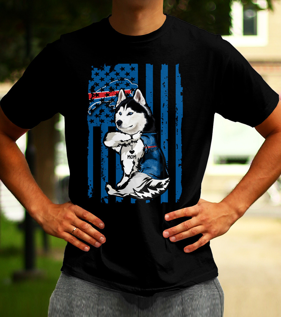 Siberian Husky Mom Buffalo Bills Blue Stars American Flag T-Shirt