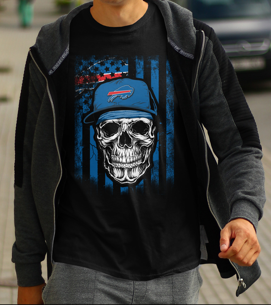 Buffalo Bills Skull With Cap American Flag Background T-Shirt