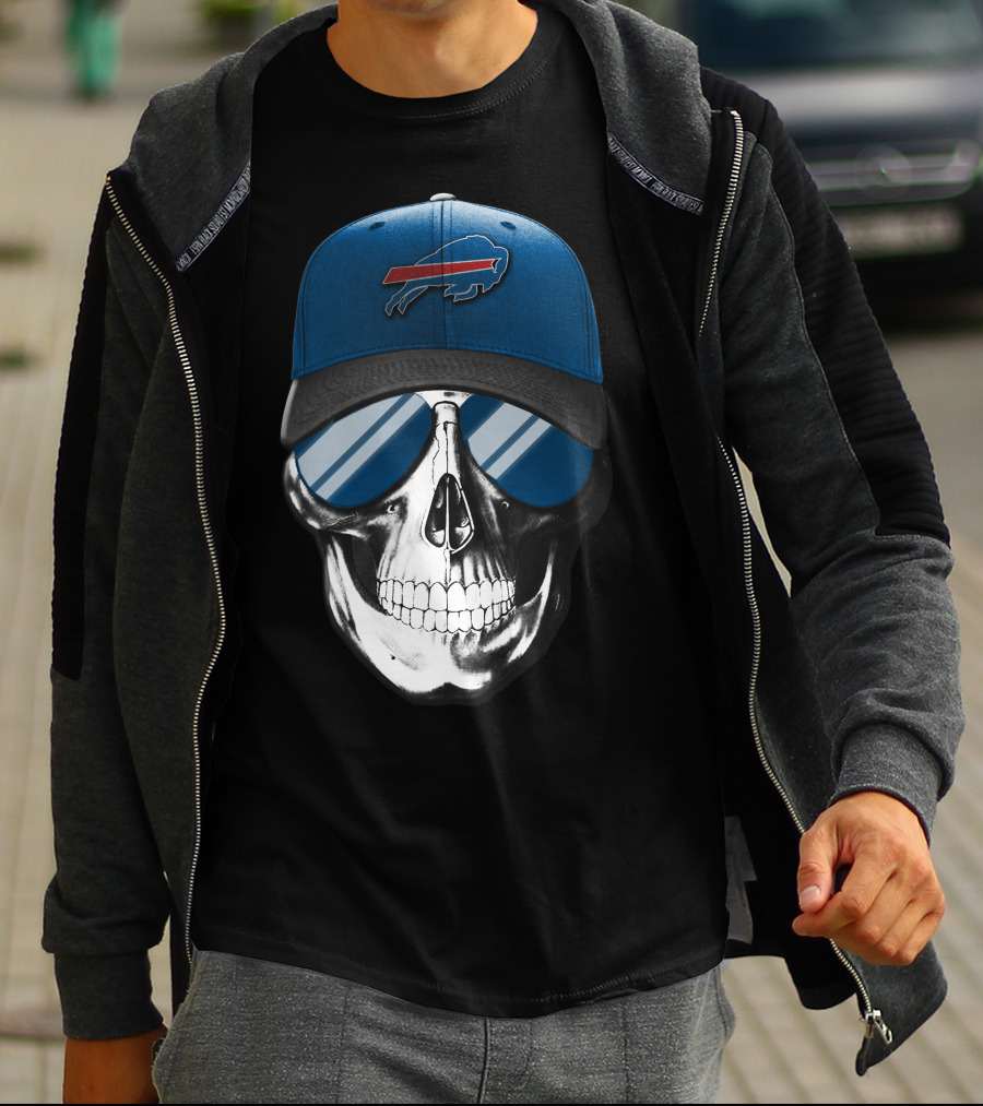 Buffalo Bills Skull With Blue Cap And Sunglasses Iconic T-Shirt