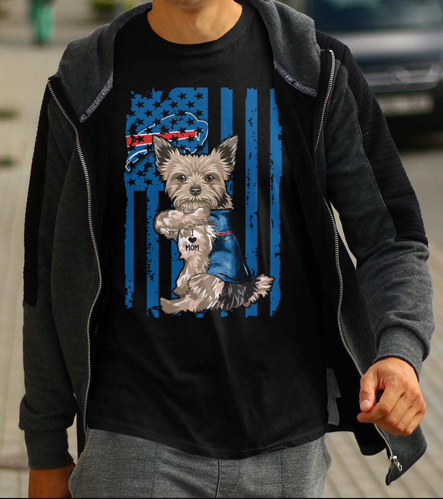 Yorkshire Terrier With I Love Mom Vest And Buffalo Bills Logo On American Flag Background T-Shirt