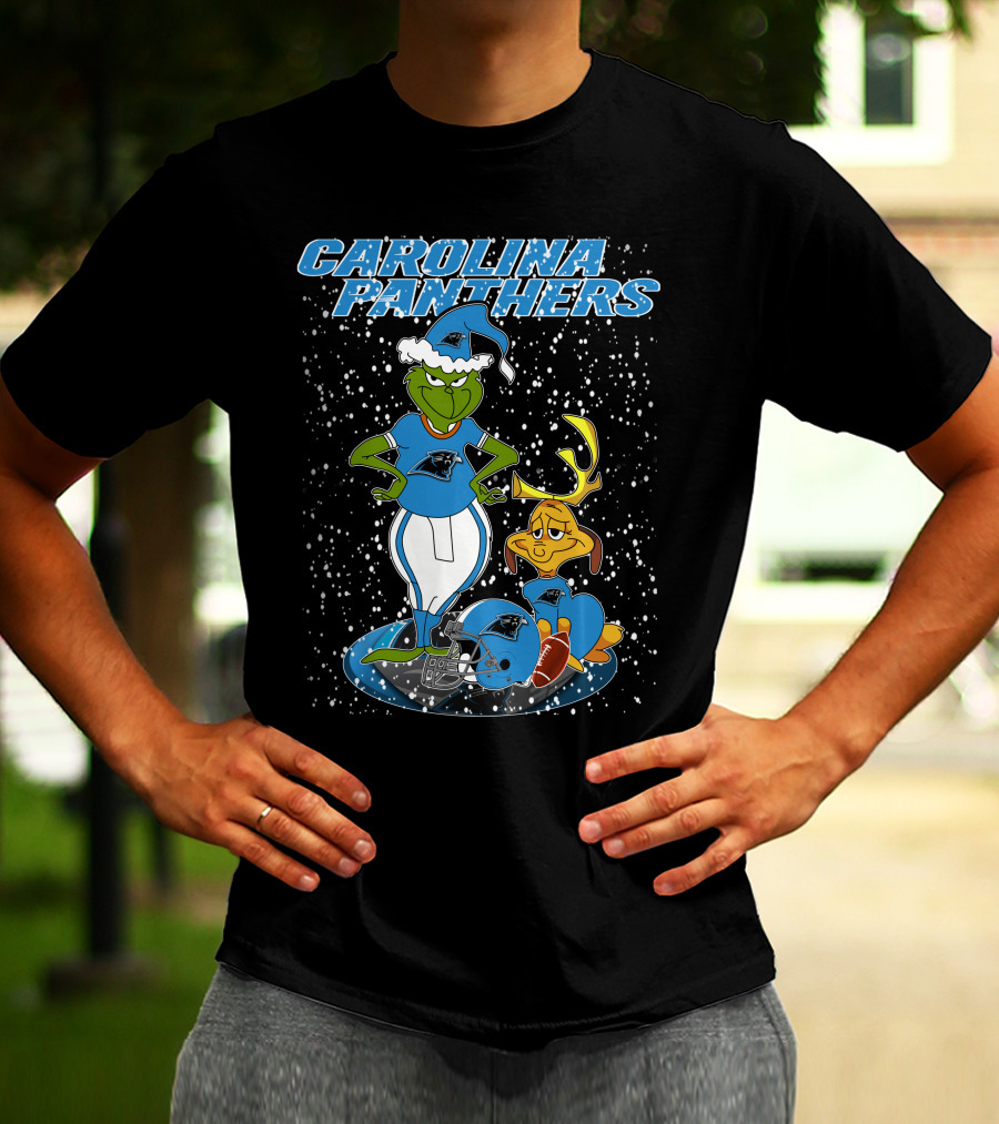CAROLINA PANTHERS Grinch Christmas Snow Scene With Grinch And Max T-Shirt