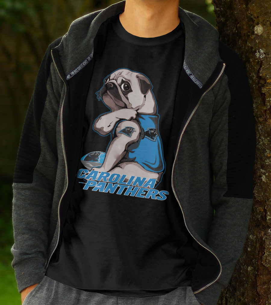 Pug Wearing Carolina Panthers Jersey With Football And Team T-Shirt