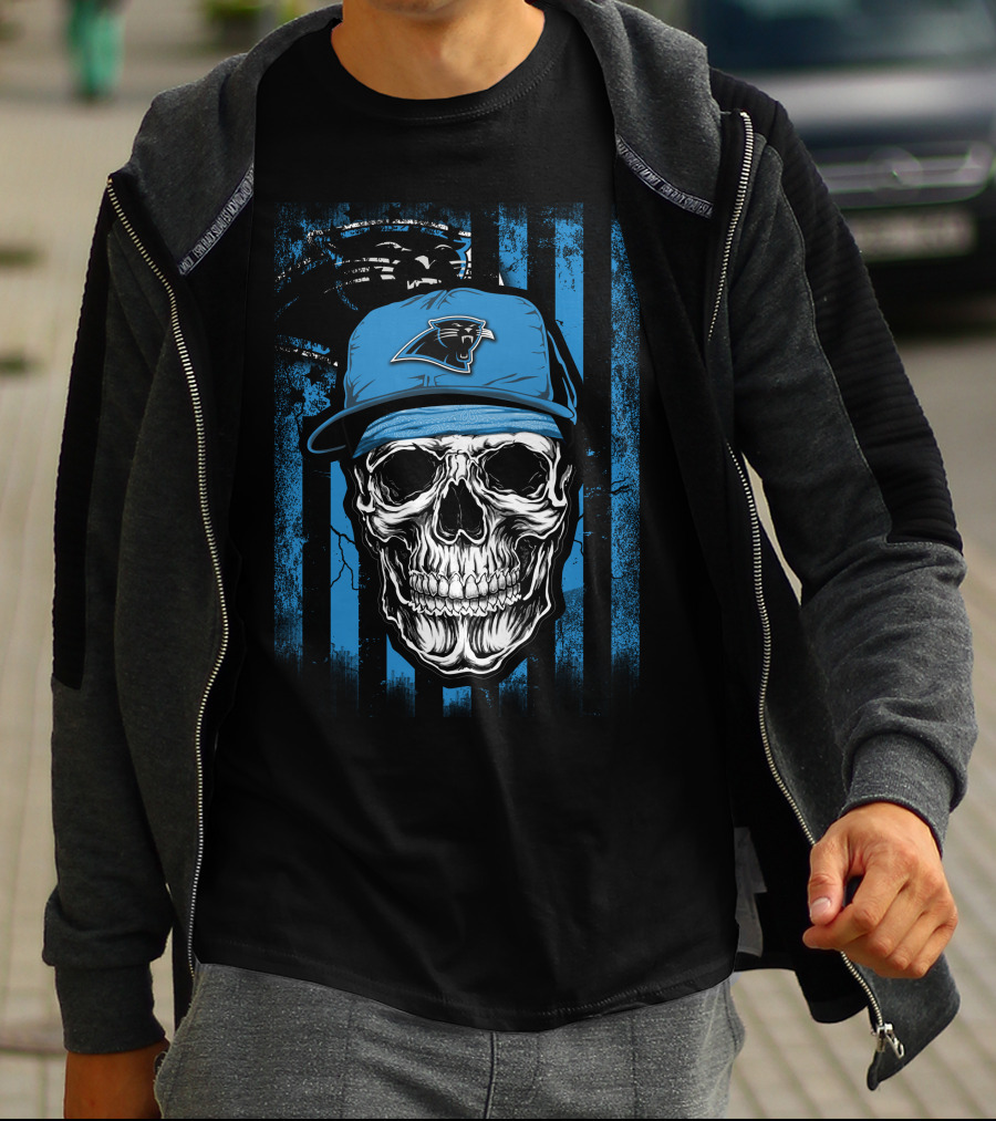 Skull Wearing Carolina Panthers Hat With Blue And Black Stripes T-Shirt