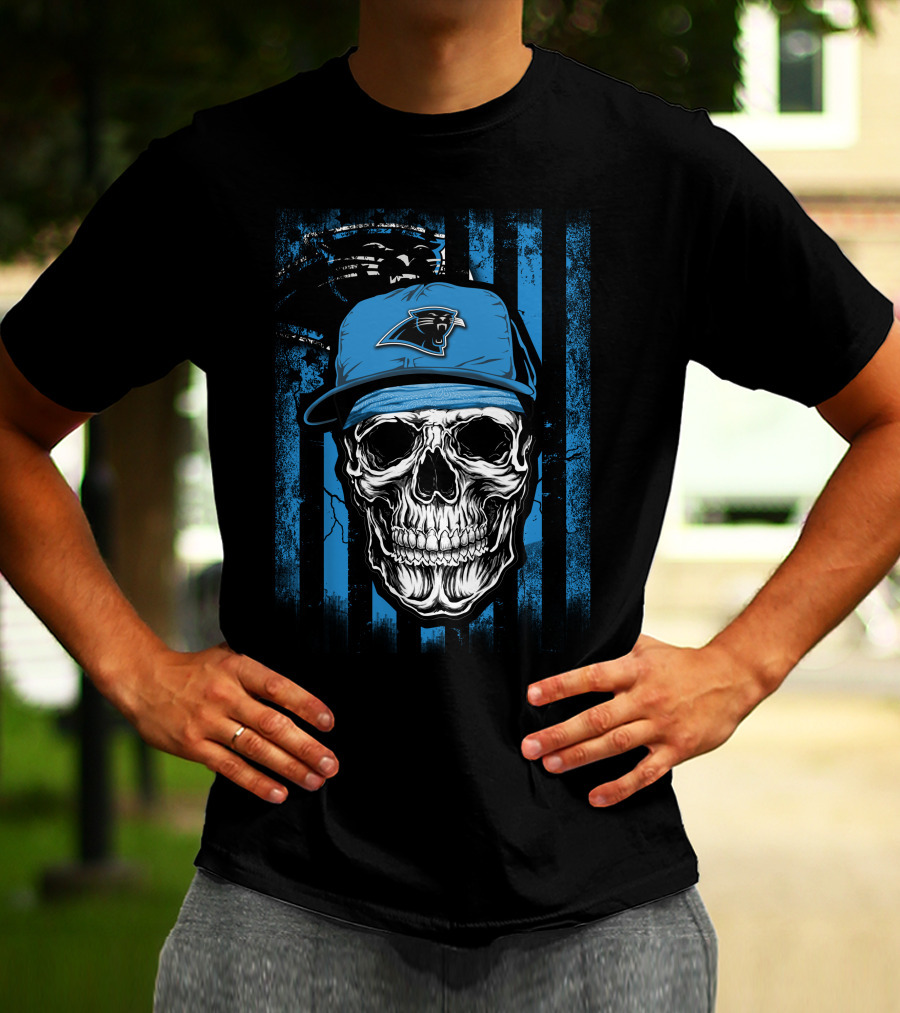 Skull Wearing Carolina Panthers Hat With Blue And Black Stripes T-Shirt