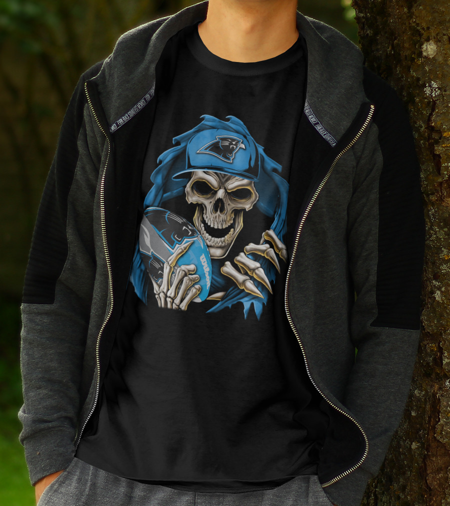 Skullbong Carolina Panthers Football Skeleton With Cap And Ball T-Shirt