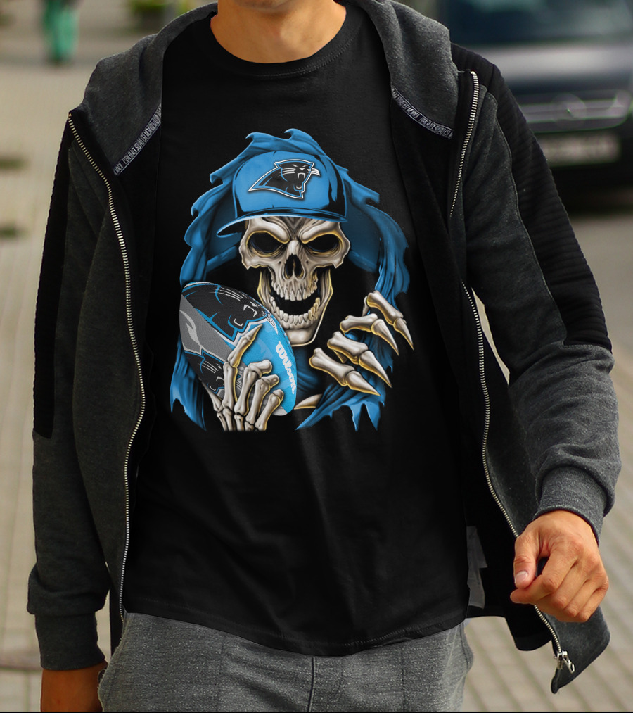 Skullbong Carolina Panthers Football Skeleton With Cap And Ball T-Shirt
