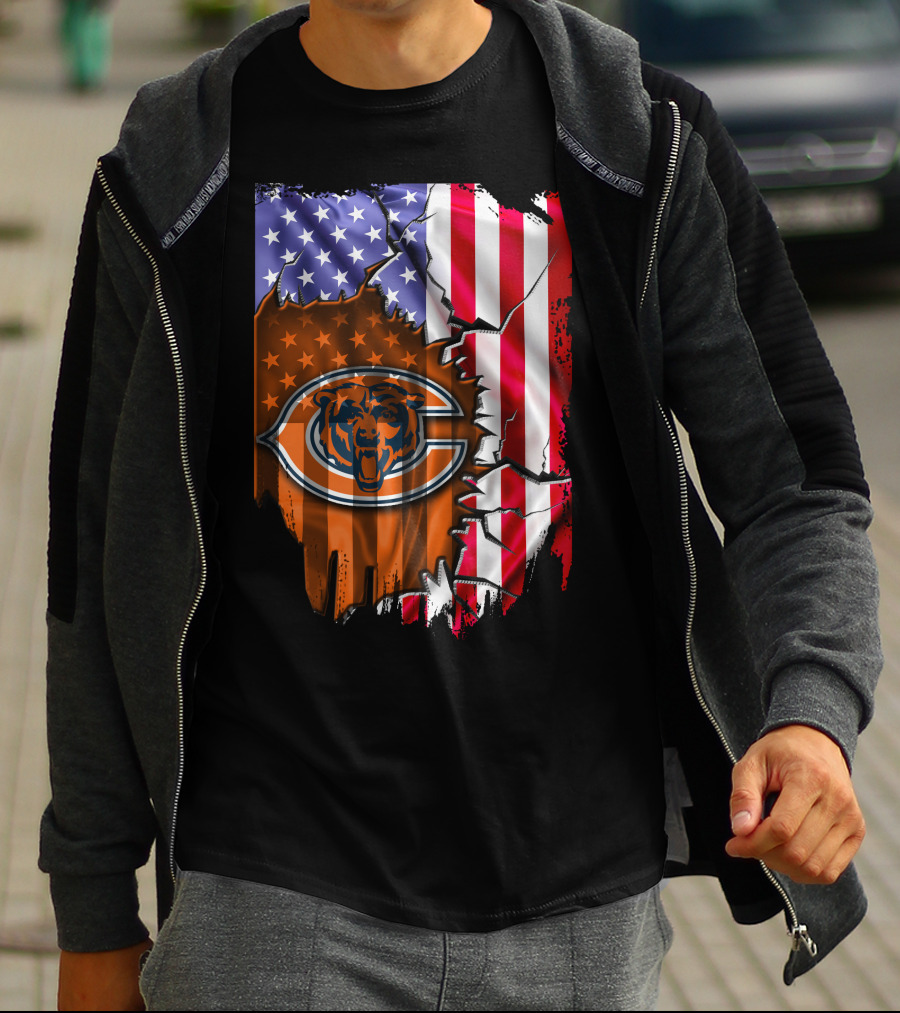 American Flag With Chicago Bears T-Shirt