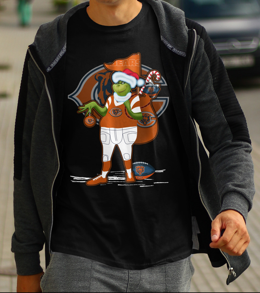 Grinchxmas Chicago Bears Santa Hat Candy Cane Football Sack T-Shirt