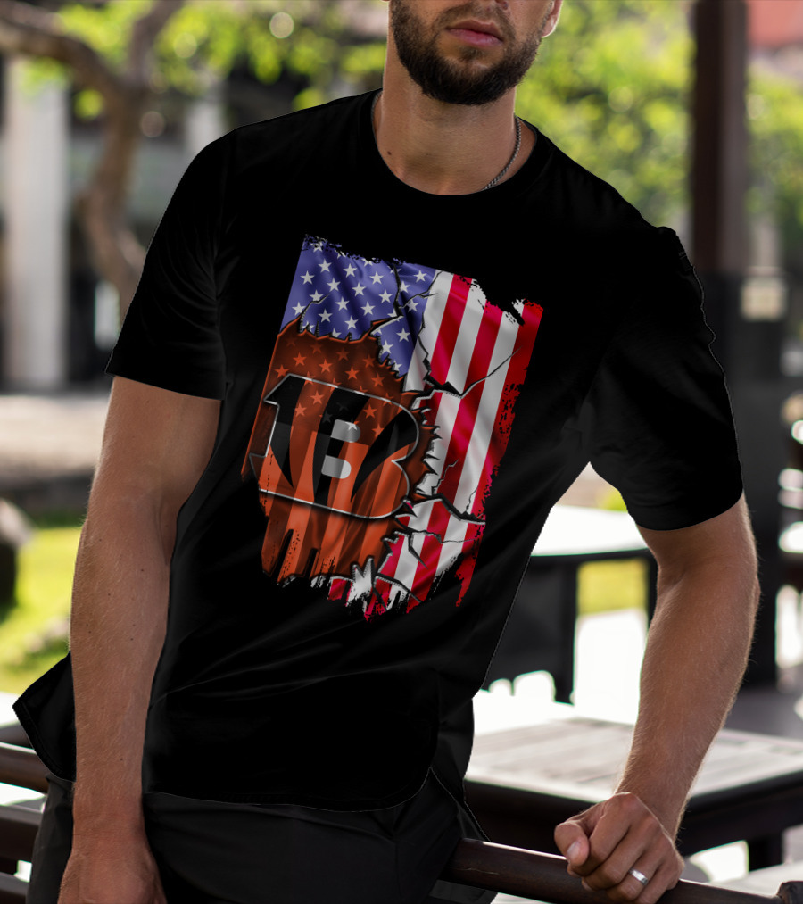 Bengals Stripes And American Flag Cincinnati Bengals 13 T-Shirt