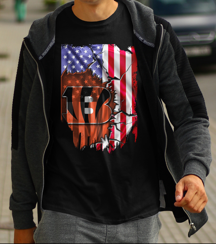 Bengals Stripes And American Flag Cincinnati Bengals 13 T-Shirt