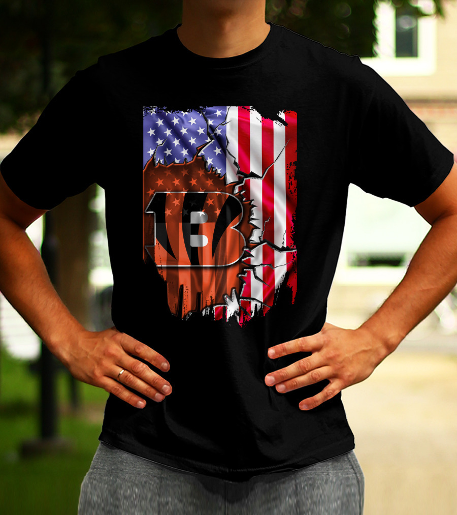 Bengals Stripes And American Flag Cincinnati Bengals 13 T-Shirt