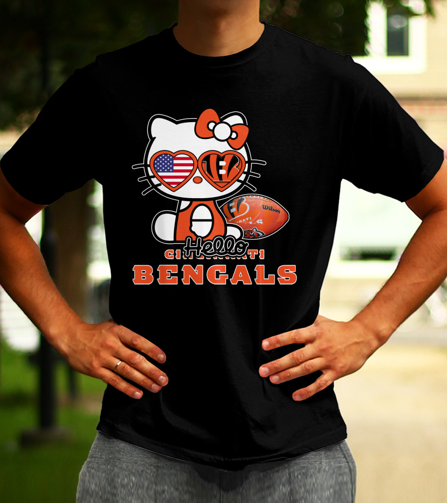 Hello Kitty Cincinnati Bengals Football Heart Glasses USA Flag T-Shirt