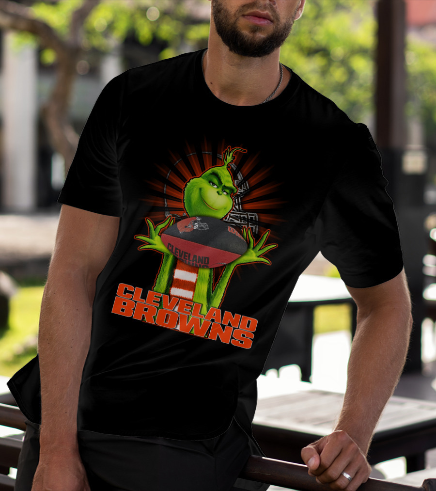 Grinch Holding Cleveland Browns Football Emblem T-Shirt