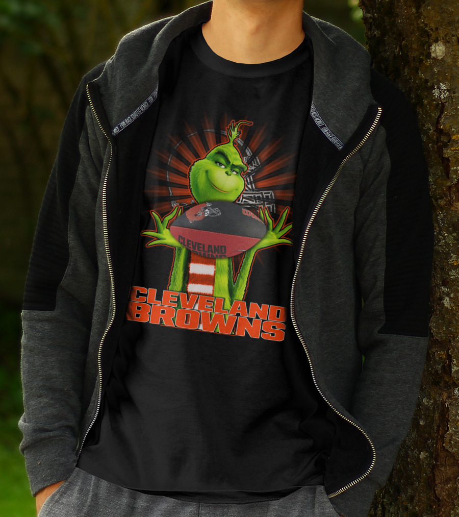 Grinch Holding Cleveland Browns Football Emblem T-Shirt