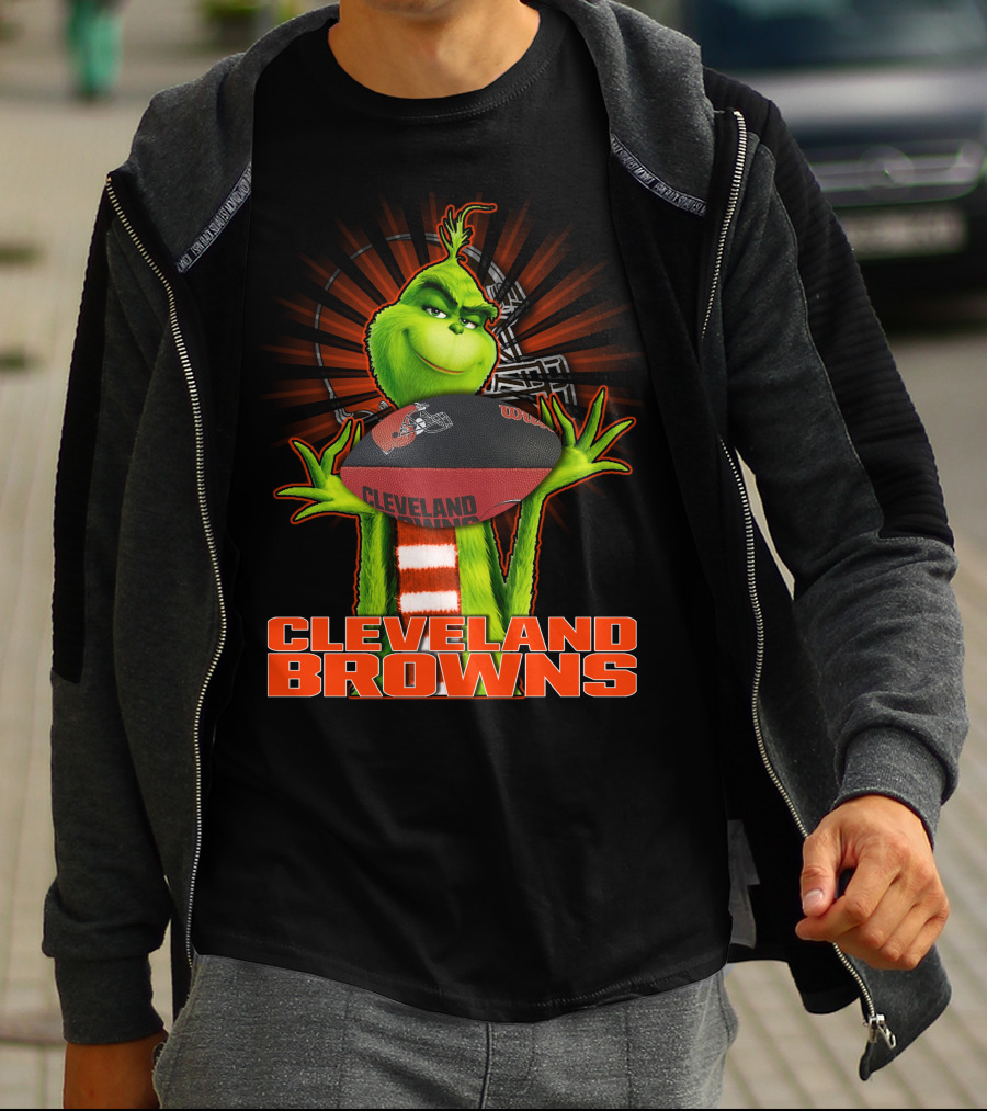 Grinch Holding Cleveland Browns Football Emblem T-Shirt