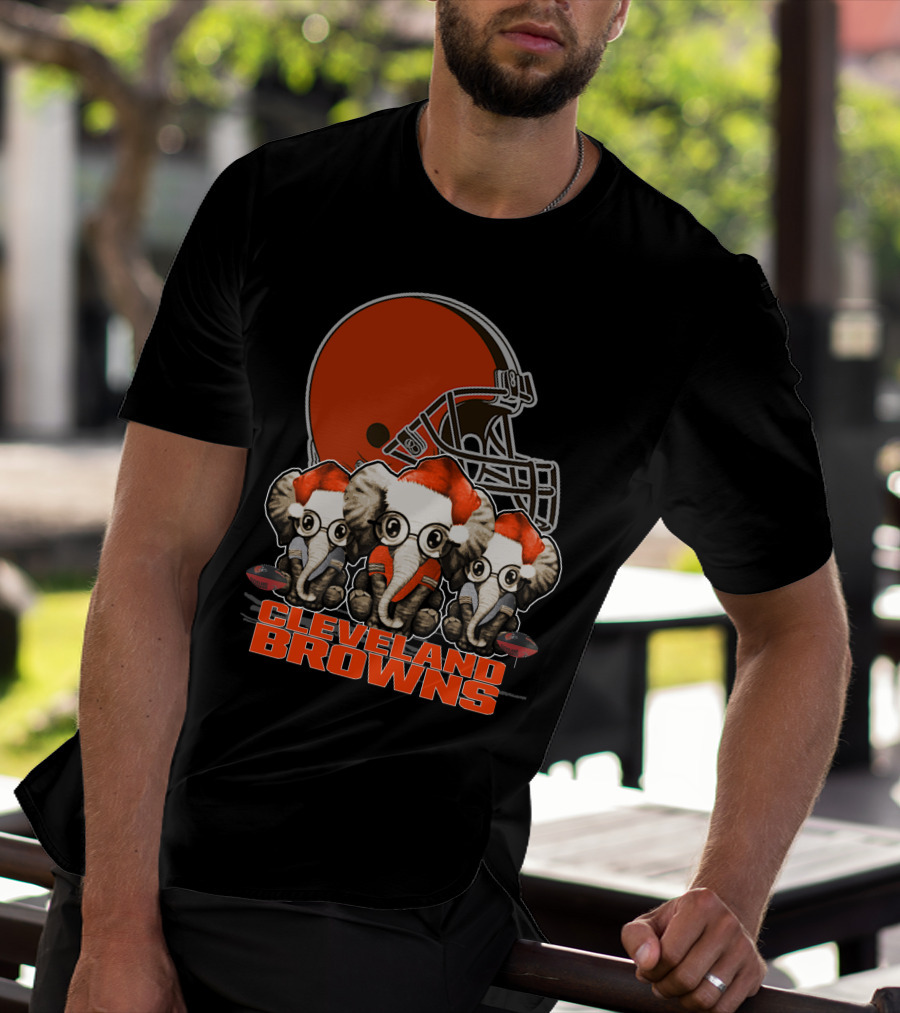 Cleveland Browns Christmas Elephants In Santa Hats Football Helmet T-Shirt