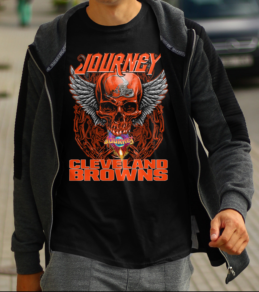 JOURNEY CLEVELAND BROWNS Winged Skull Helmet Flame Chains T-Shirt