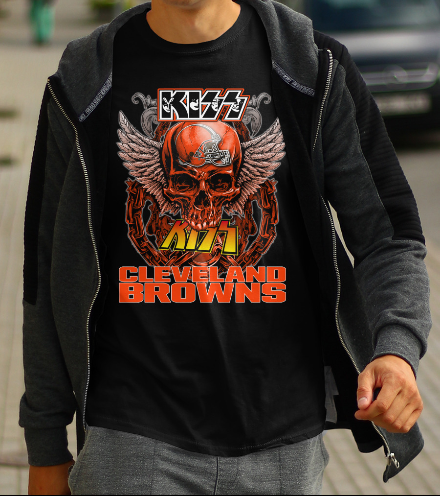 Kiss Cleveland Browns Skull Helmet Wings T-Shirt