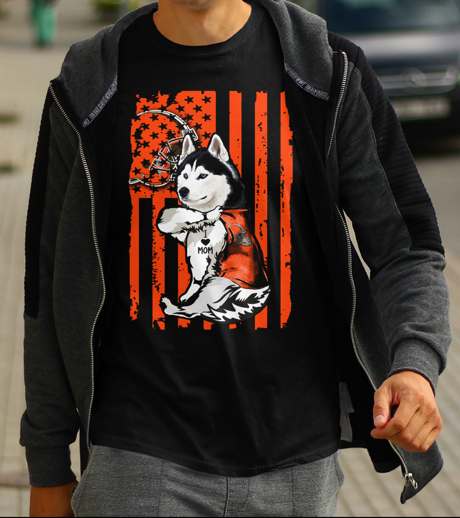 Siberian Husky With Football Helmet And Orange Flag Cleveland Browns T-Shirt