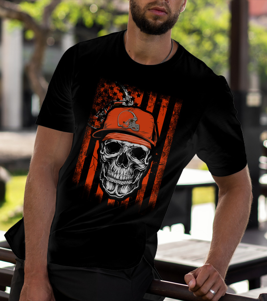 Cleveland Browns Skull Helmet Hat Orange Black Stripes T-Shirt