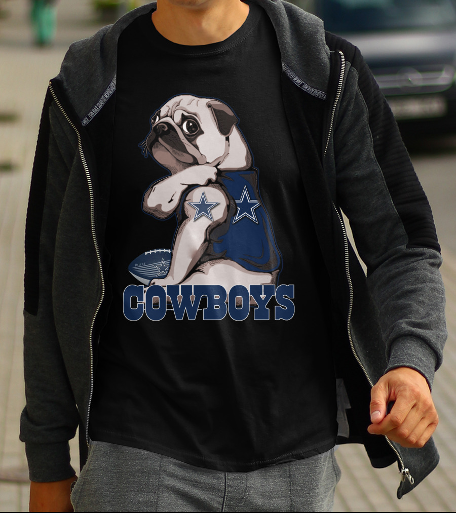 Pug Wearing Dallas Cowboys Jersey With Stars And Football T-Shirt