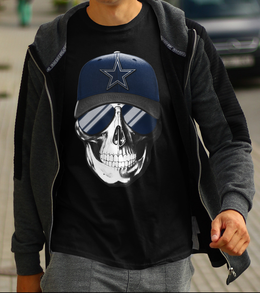 Skull Wearing Dallas Cowboys Hat And Sunglasses T-Shirt