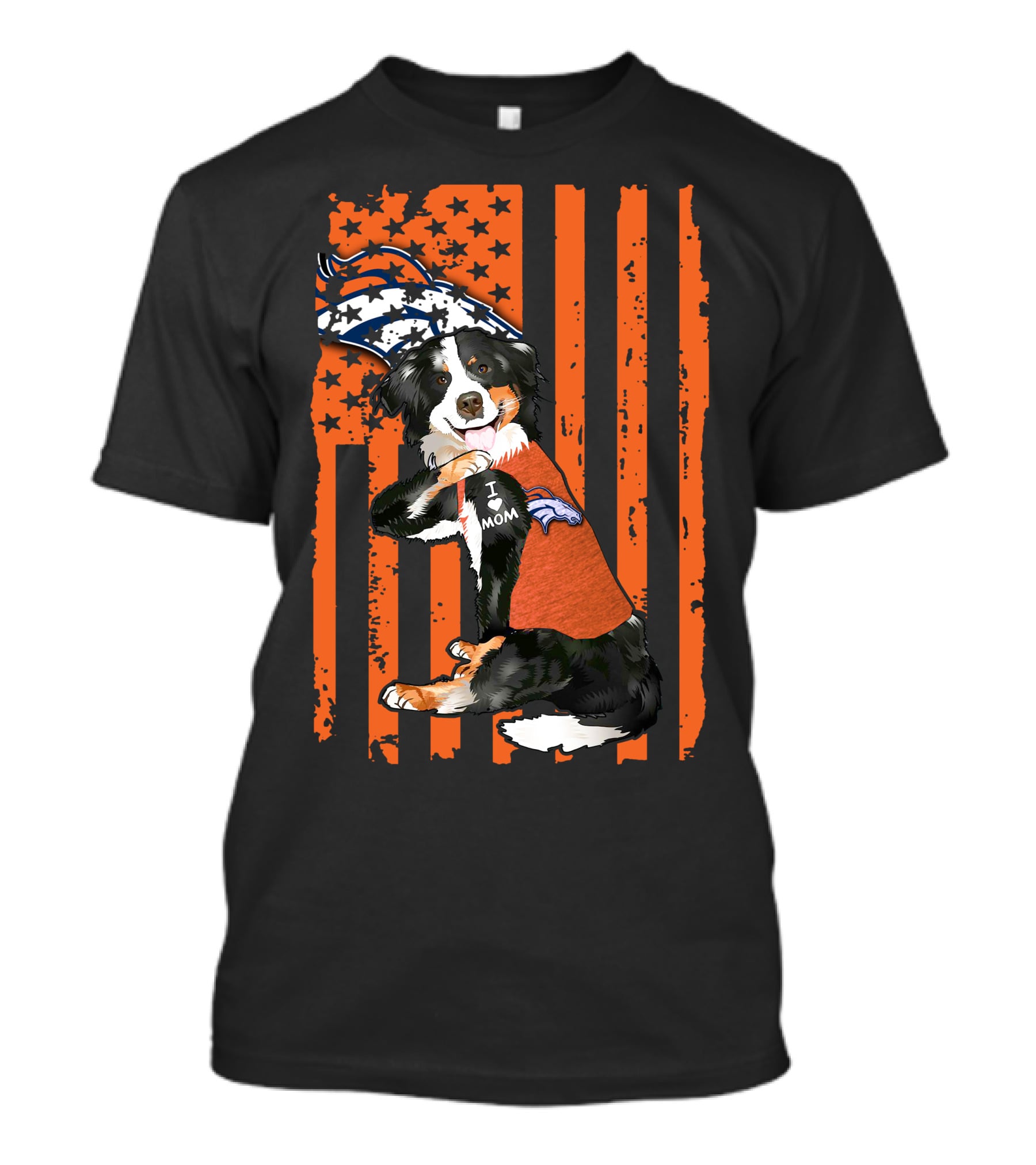 Border Collie I Love Mom Denver Broncos Patriotic Orange Stripes Football Fan T-Shirt