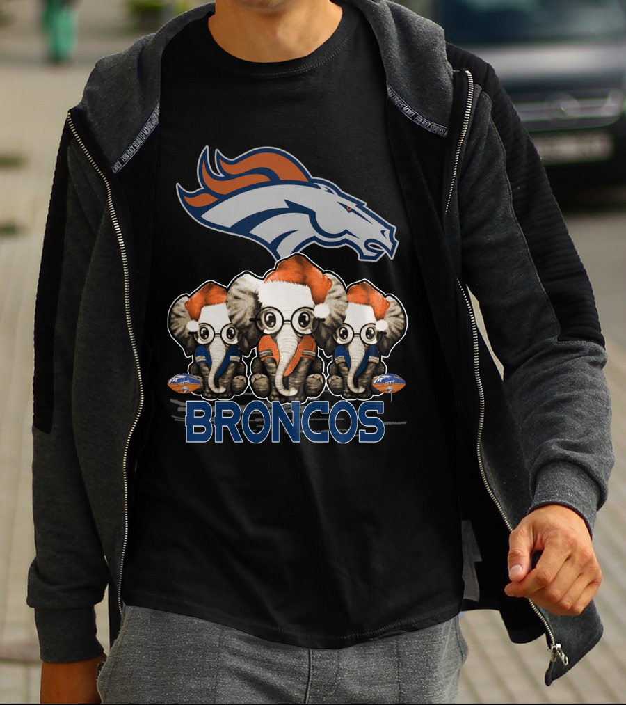 DENVER BRONCOS Christmas Elephants With Santa Hats T-Shirt