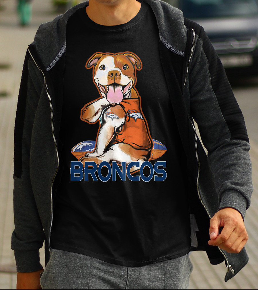 Pittbull Wearing Denver Broncos Jersey With Football And Broncos Text T-Shirt