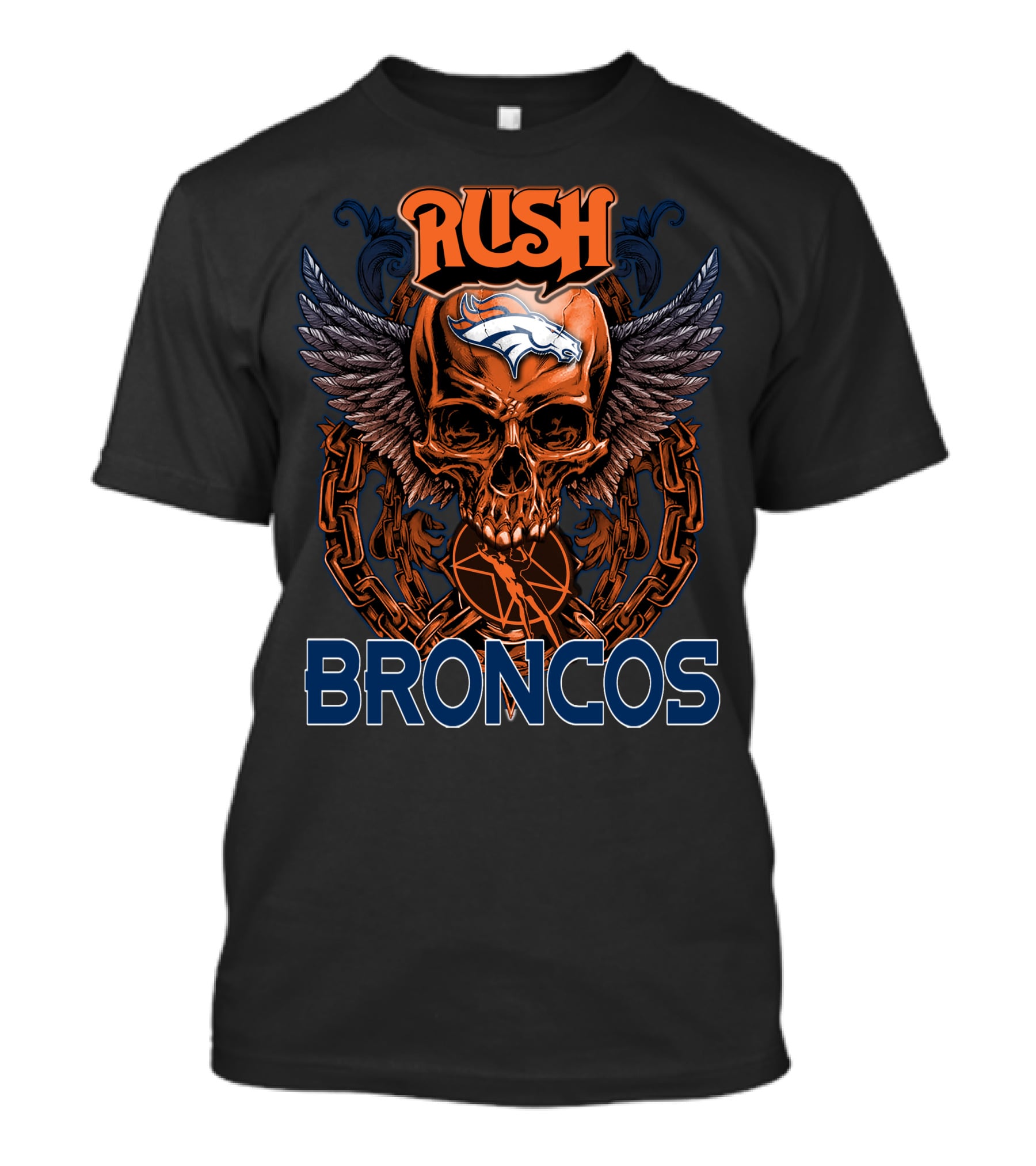 Rush Denver Broncos Skull Graphic With Wings And Chains T-Shirt