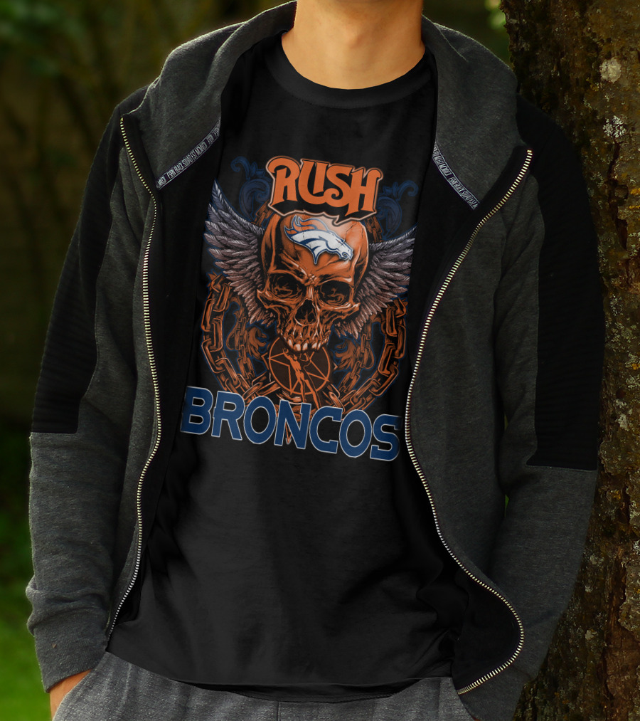 Rush Denver Broncos Skull Graphic With Wings And Chains T-Shirt