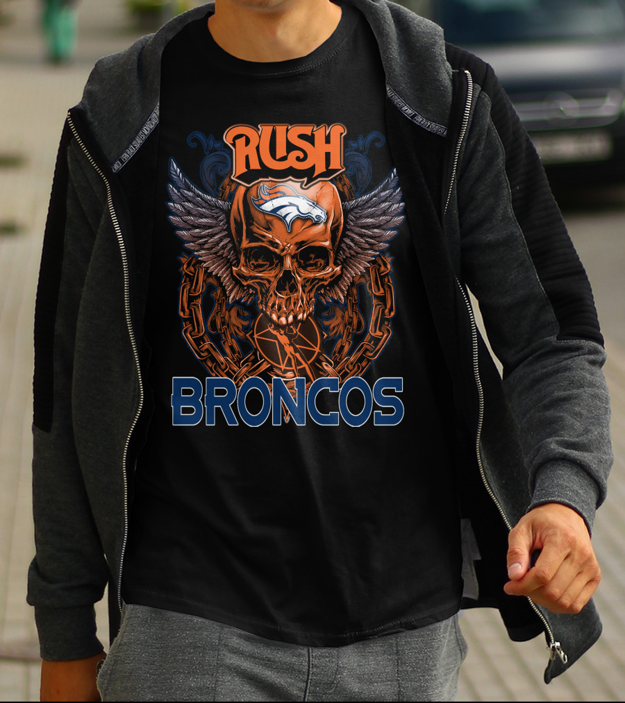 Rush Denver Broncos Skull Graphic With Wings And Chains T-Shirt