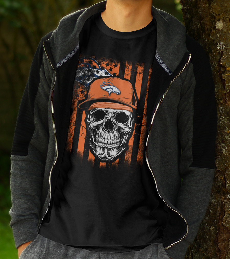 Skull Wearing Denver Broncos Cap On Grunge Orange Stripes T-Shirt