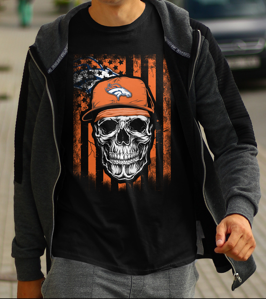 Skull Wearing Denver Broncos Cap On Grunge Orange Stripes T-Shirt