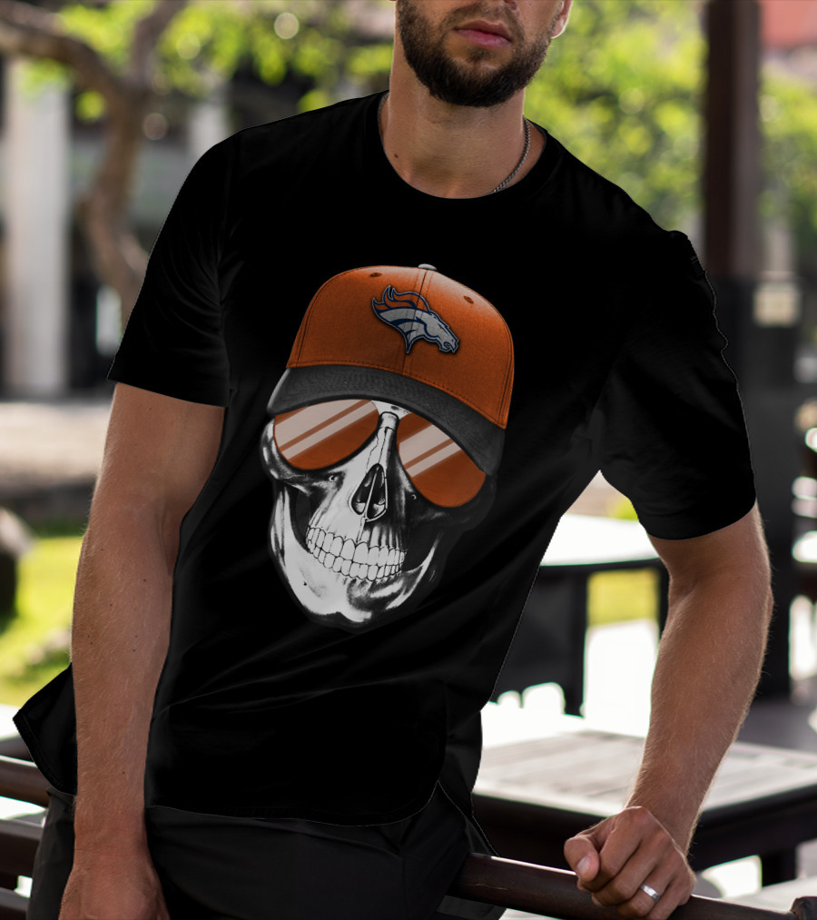 Skull Wearing Denver Broncos Hat And Sunglasses T-Shirt