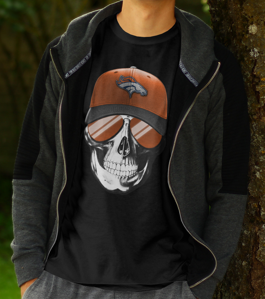 Skull Wearing Denver Broncos Hat And Sunglasses T-Shirt