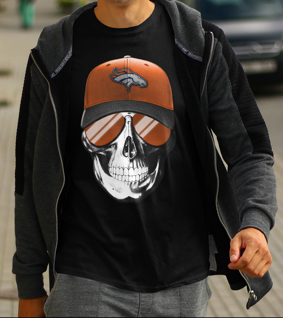 Skull Wearing Denver Broncos Hat And Sunglasses T-Shirt