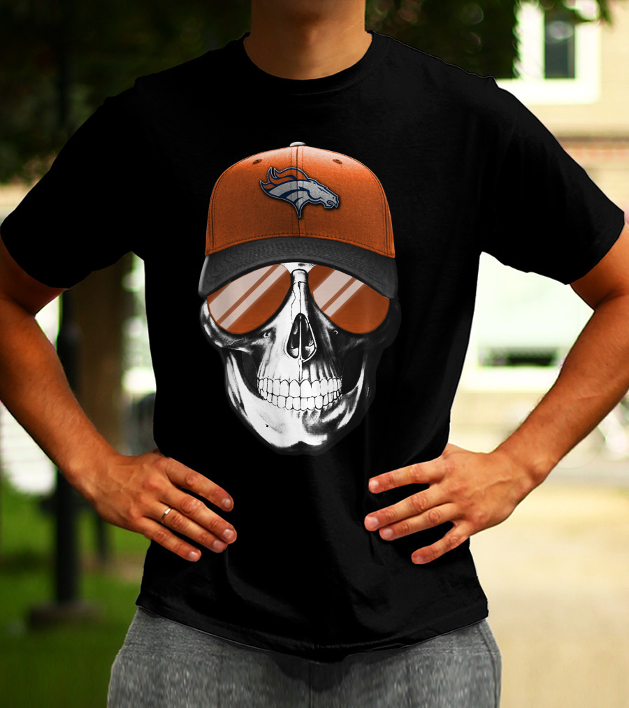 Skull Wearing Denver Broncos Hat And Sunglasses T-Shirt